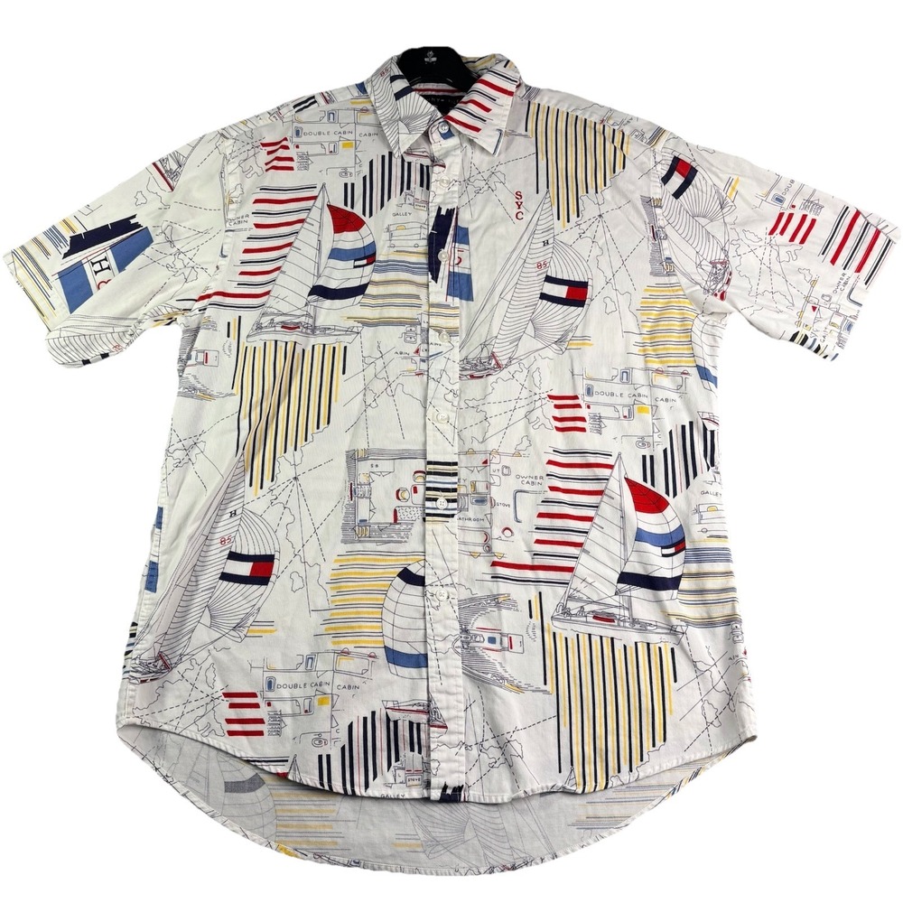 Tommy Hilfiger Shirt Men's M Sailing Button Up Nautical Boat Ocean White VGT